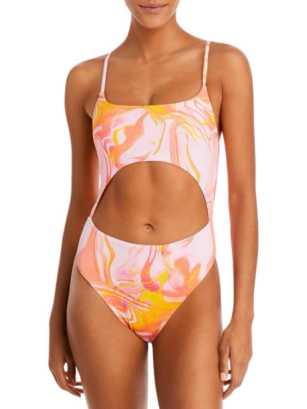 NWT AQUA Pink Orange Abstract Swirl Cutout One Piece Swimsuit Small Barbiecore